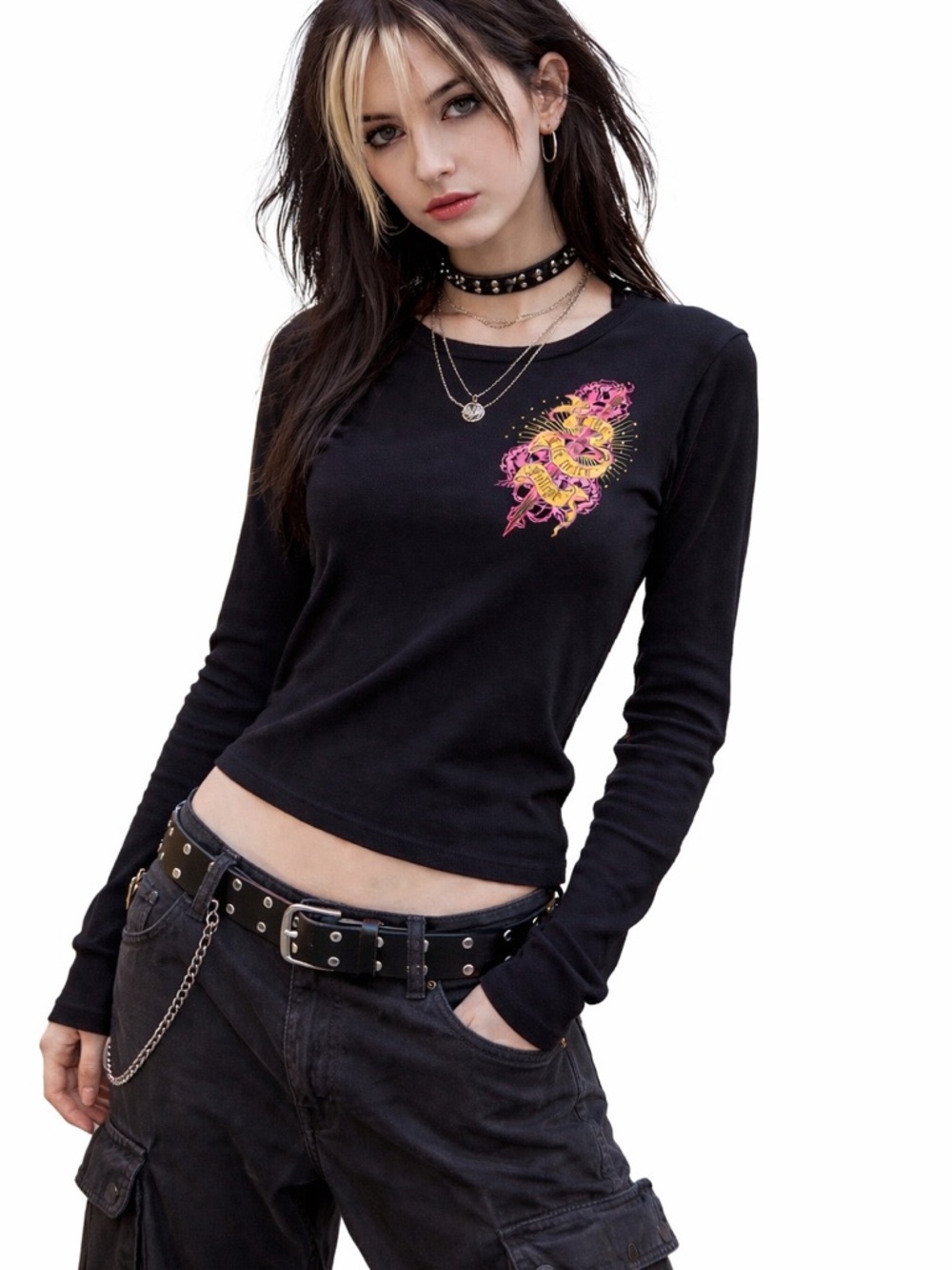 Black Long-Sleeve Women’s T with Neon Graphic~~Sz L~~